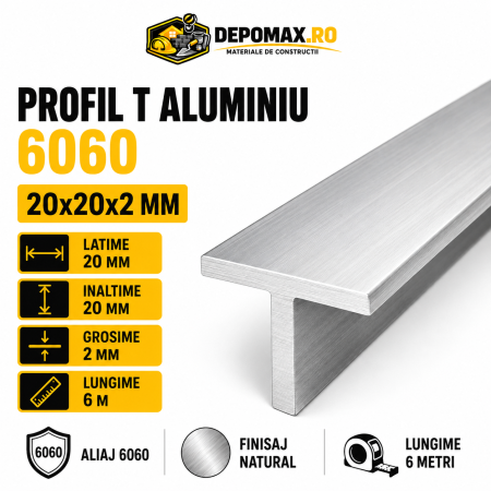 Profil T aluminiu 20 x 20 x 2 mm, 6 metri
